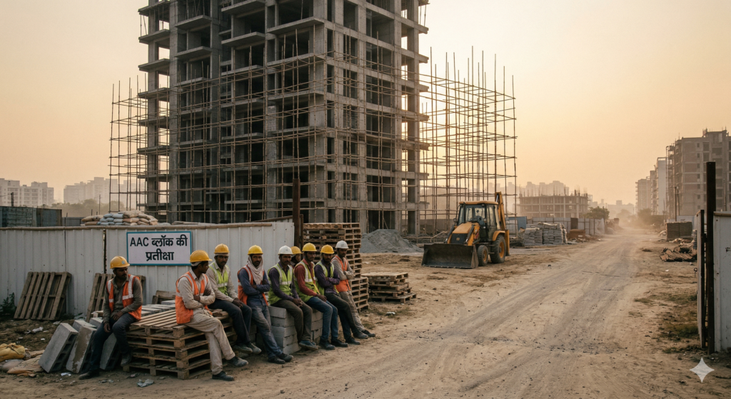 Construction site experiencing downtime due to delayed AAC block delivery from a single factory